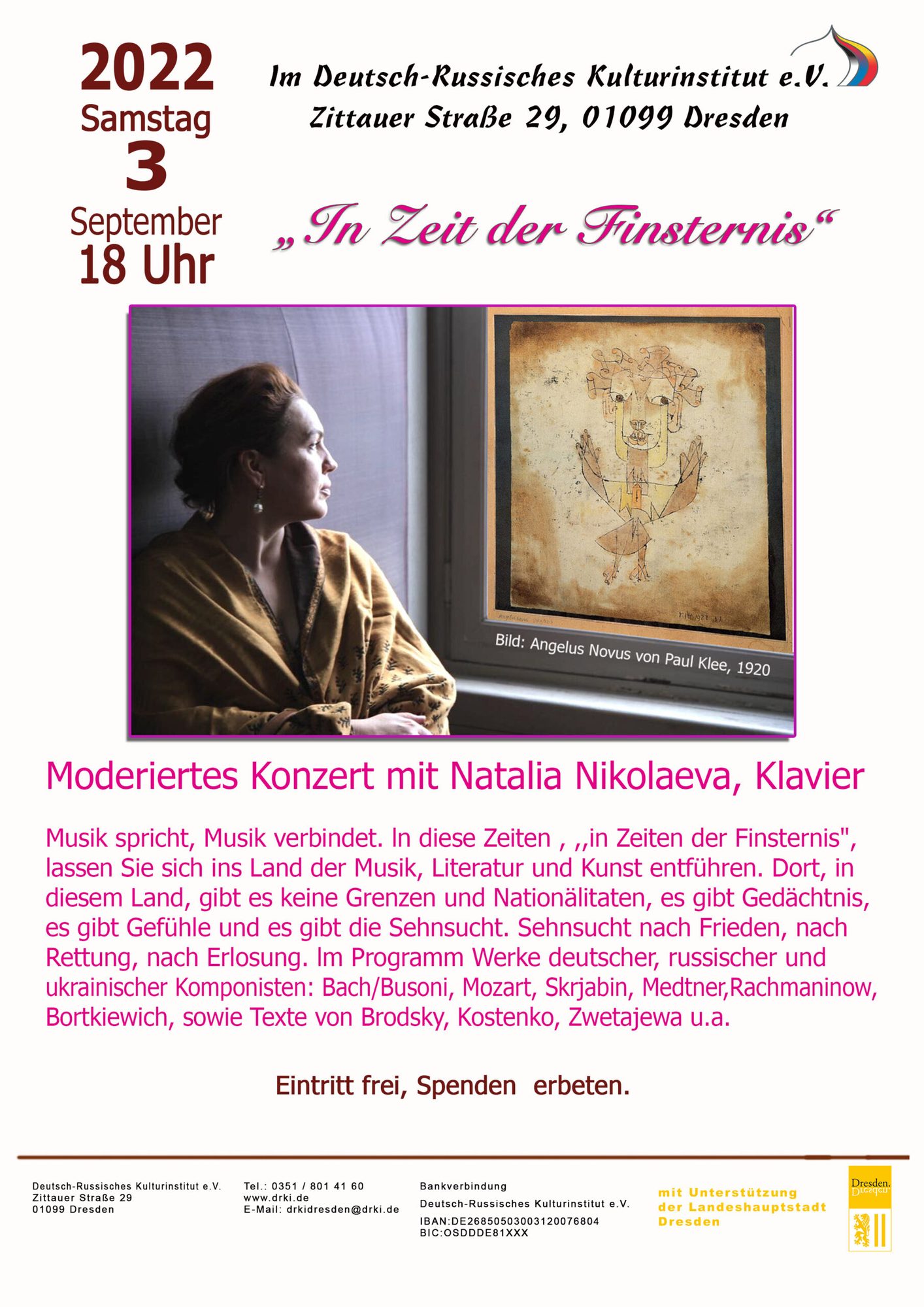 Mehr über den Artikel erfahren „In Zeiten der Finsternis“. Moderiertes Konzert mit Natalia Nikolaeva, Klavier
